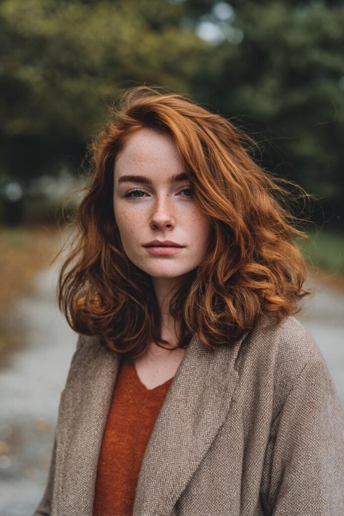 Front-facing portrait of a woman in her 20s showcasing auburn red hair with balanced brown-red tones in a leafy park background.