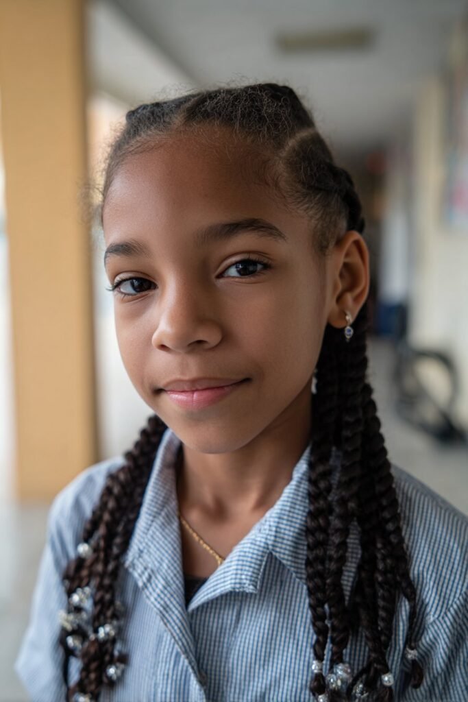 Back-to-school braids with beads on a little girl, school hallway background, backpack visible, soft realistic lighting