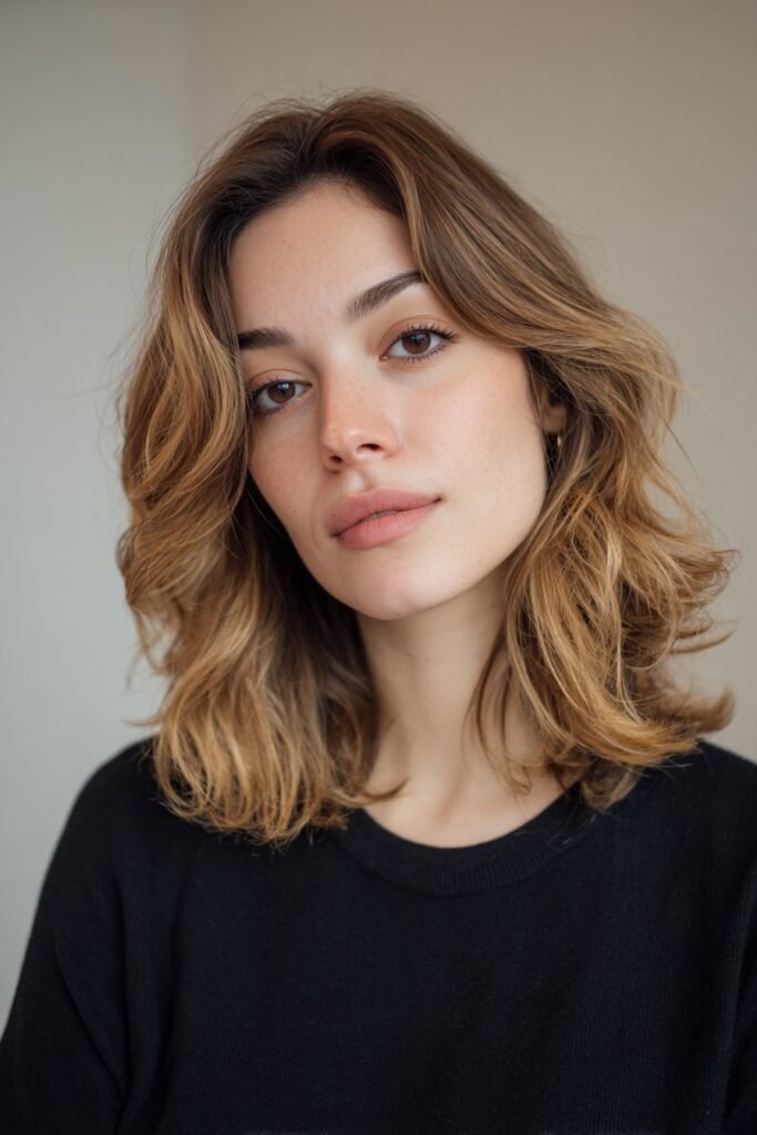 Front-facing portrait of a woman in her 20s with a balayage lob hairstyle, blending natural highlights through fine hair for depth and dimension.