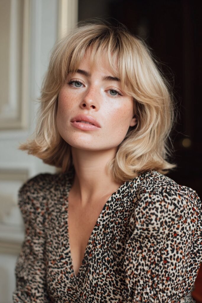 Young woman featuring Bardot blonde hair with creamy volume and fringe, styled glamorously in a vintage Parisian apartment.