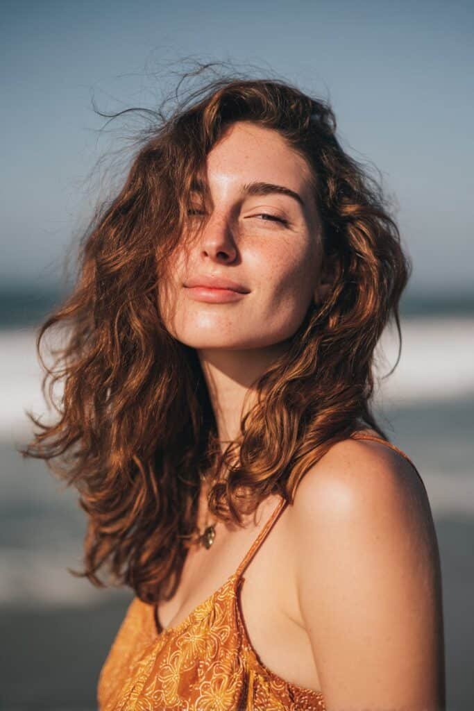Young woman with thin fine wavy hair styled in beachy waves with long layers near a bright seaside view.