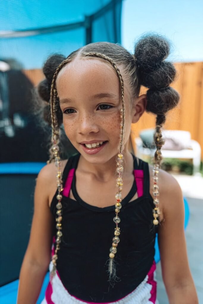 Toddler girl styled with two braided ponytail pigtails finished with beads in a daycare room.