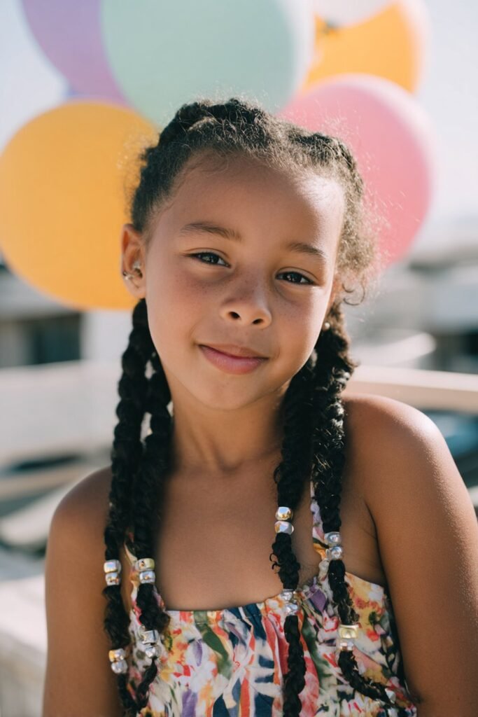 Birthday braids with beads on a child, colorful party balloon background, festive lighting, happy joyful expression