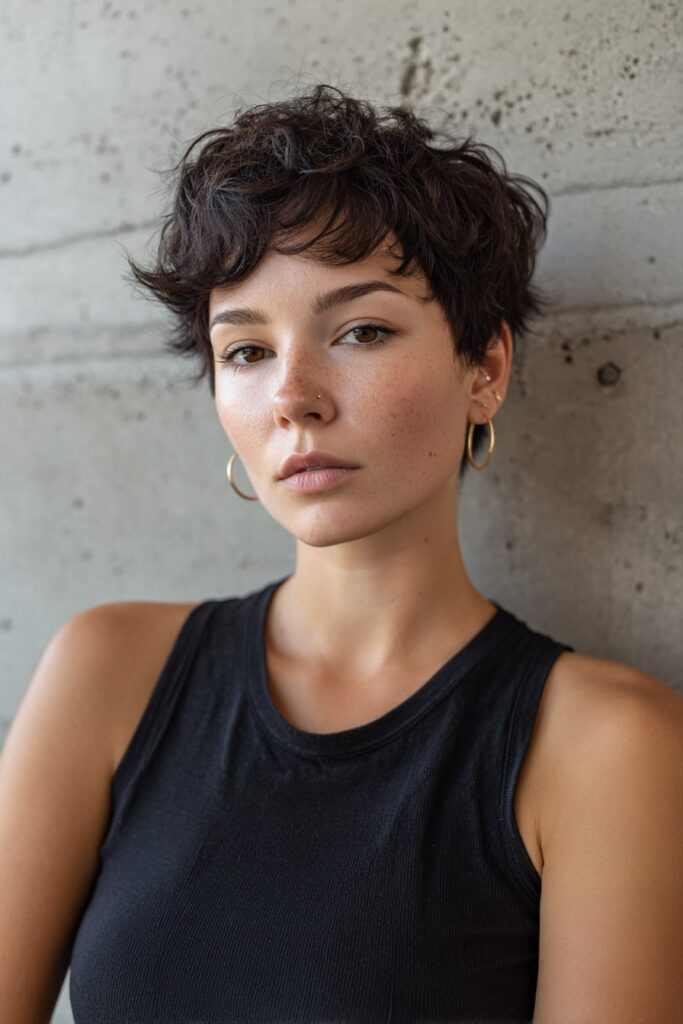 Chest-up front view of a woman in her 20s wearing a bixie cut, blending pixie and bob lengths with clean texture in a minimalist concrete setting.