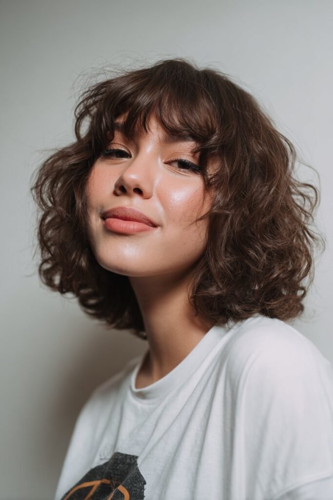 A trendy woman with thin fine hair in a bixie cut with textured bangs, wearing a graphic tee, posing in a modern clean studio.