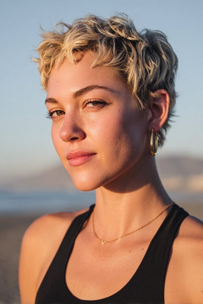 Thin fine hair in a voluminous bixie haircut, taken near the seaside with a warm sunset backdrop.