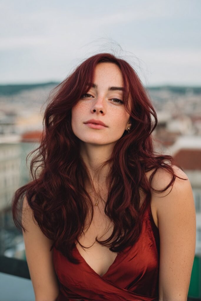 Chest-up front view of a woman in her 20s wearing black cherry hair, showing deep wine-red undertones against an evening city rooftop.