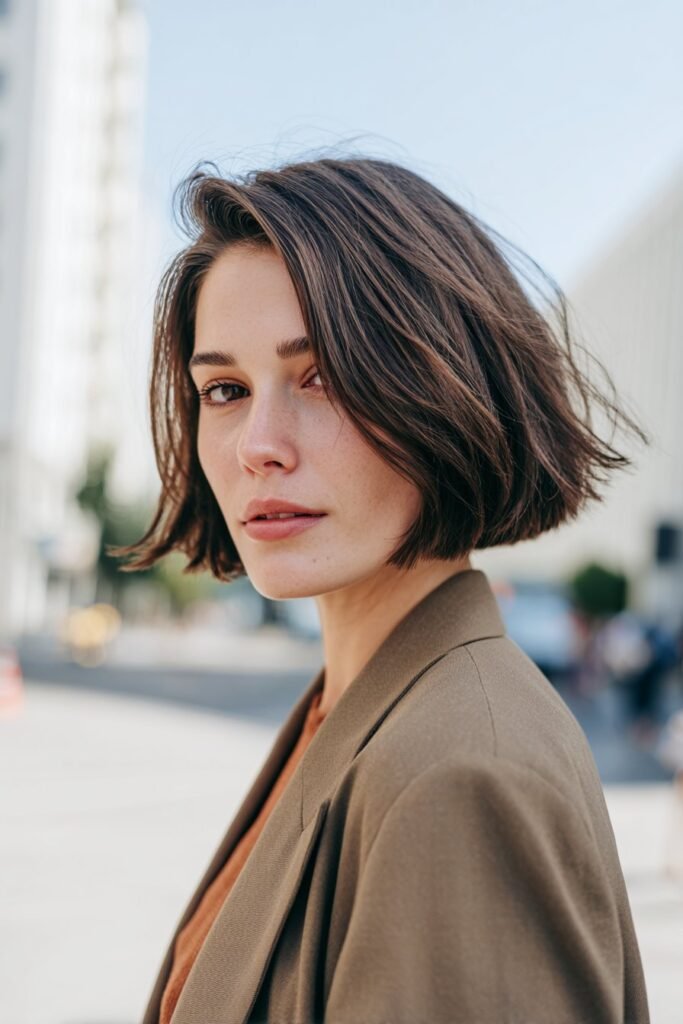 Young woman in her 20s with fine thin hair styled in a blunt A-line choppy bob, sharp ends, structured outfit, standing on a city sidewalk.