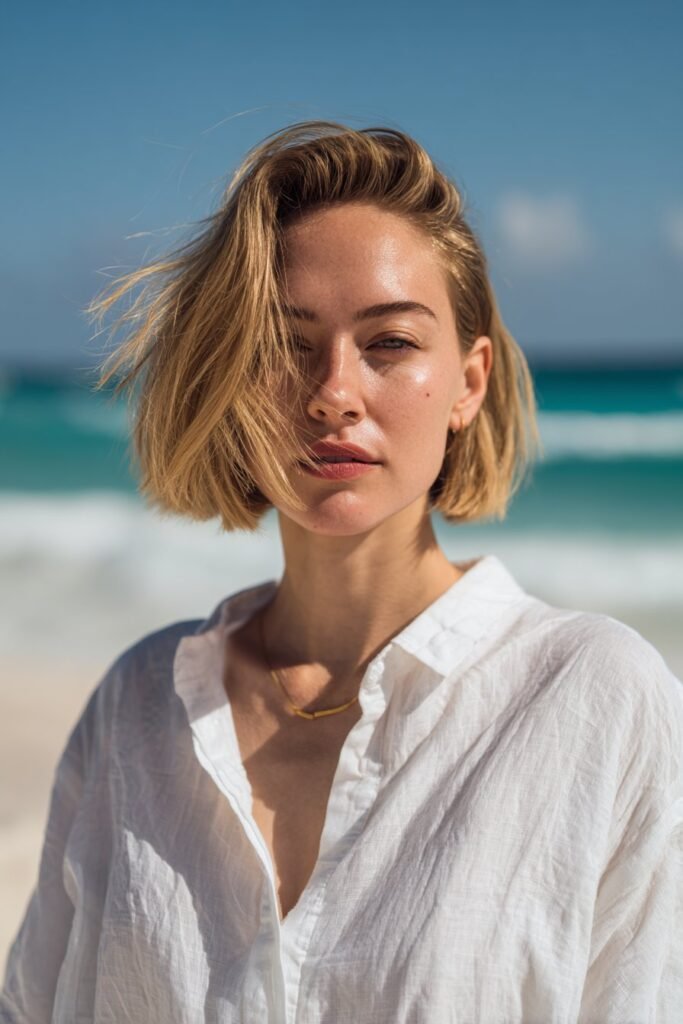 A blunt bob with a deep side part on thin fine hair, photographed inside a gym with subtle background blur.
