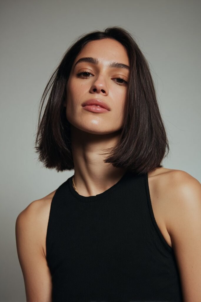 Front-view shot of a woman in her 20s featuring a blunt cut lob haircut with sharp ends that create a fuller appearance for fine hair.