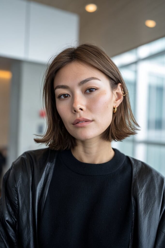Front-facing portrait of a woman in her 20s wearing a blunt lob haircut with clean edges, set against a modern office exterior.