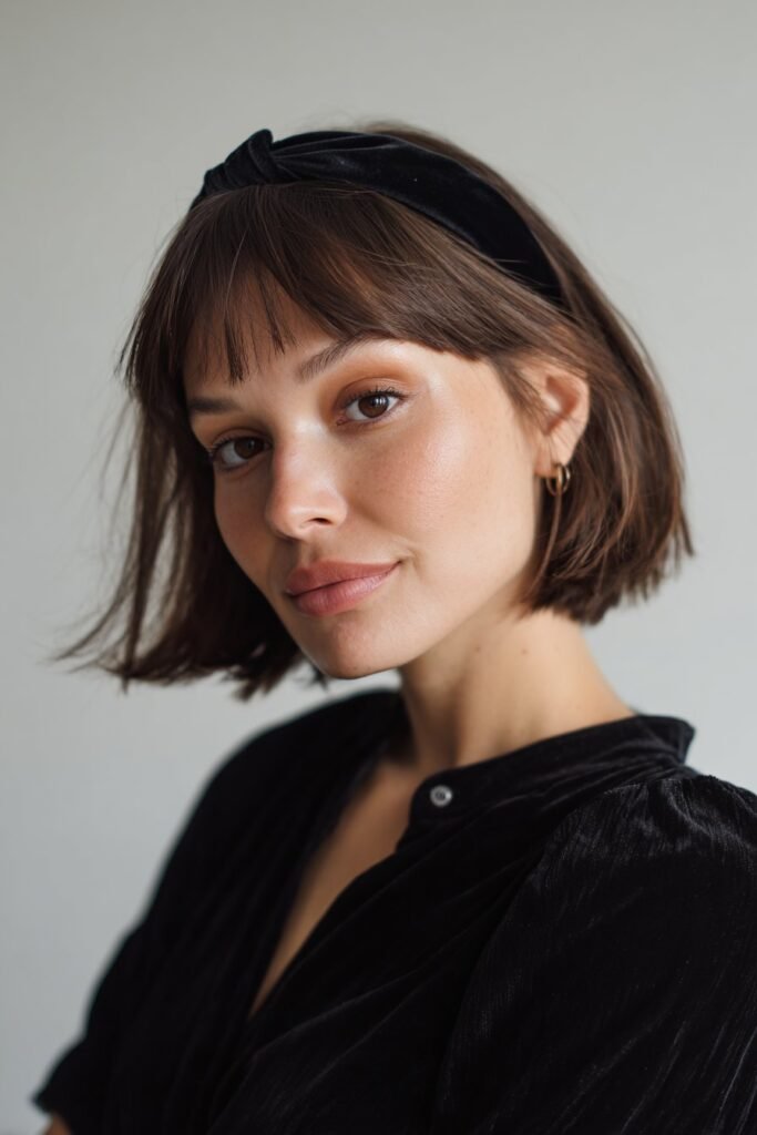 A close-up photo of a young elegant American woman with a sharp bob cut and straight bangs enhanced by a wide velvet headband, featuring realistic hair texture under soft natural lighting, subtle makeup, warm skin tone, confident expression, fully clothed in a chic outfit, in an Instagram-style beauty shot – headband with bangs series.