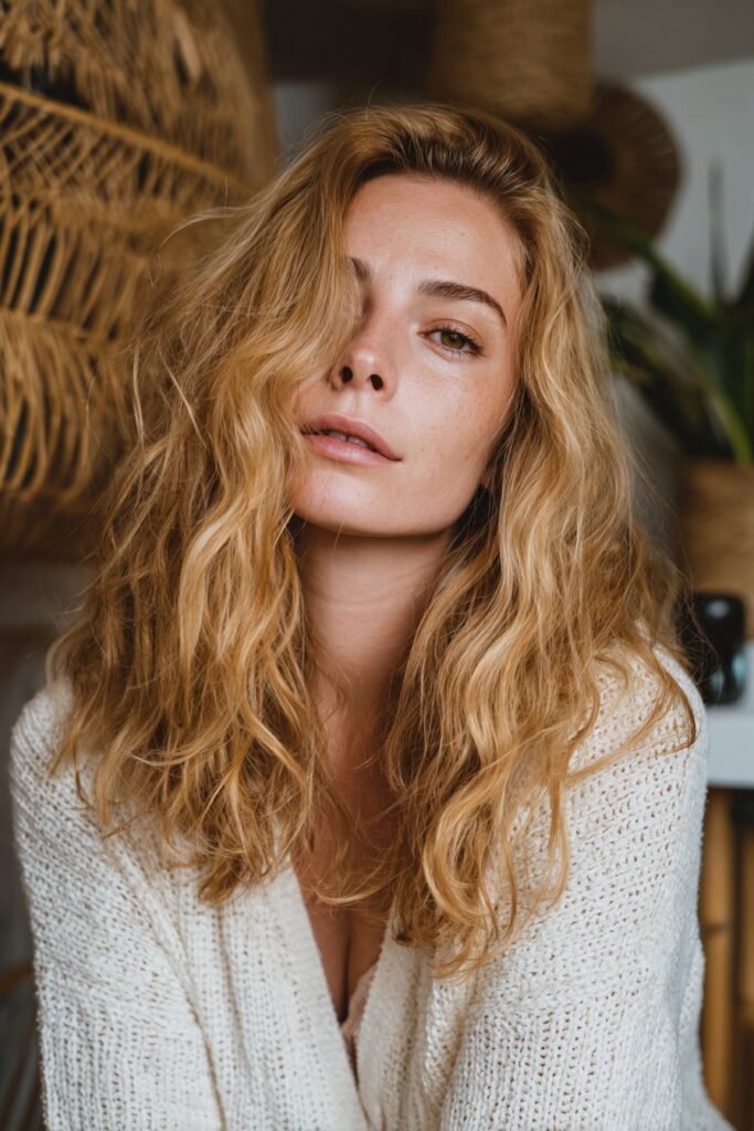 Young woman showcasing boho blonde hair with natural sun-kissed dimension, loose waves set in a rustic indoor studio.