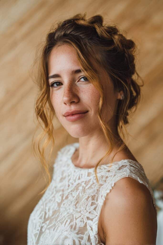 Fine hair in a boho braid with soft face-framing waves, creating natural volume and a relaxed bridal feel.