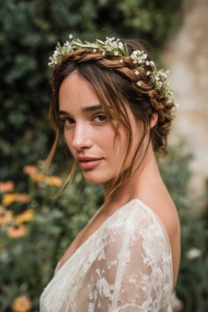 Bride in her 20s featuring a boho braided crown hairstyle adorned with fresh floral accessories, set against a natural outdoor garden backdrop.