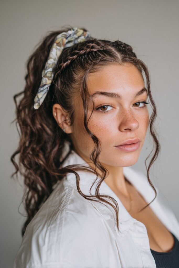 A close-up photo of a young elegant American woman with a relaxed boho ponytail and braided headband – ponytail hairstyles with headband series.