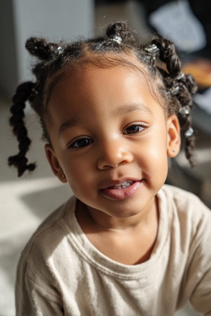 A toddler girl wearing small box braids finished with clear beads, captured in cozy natural indoor lighting.
