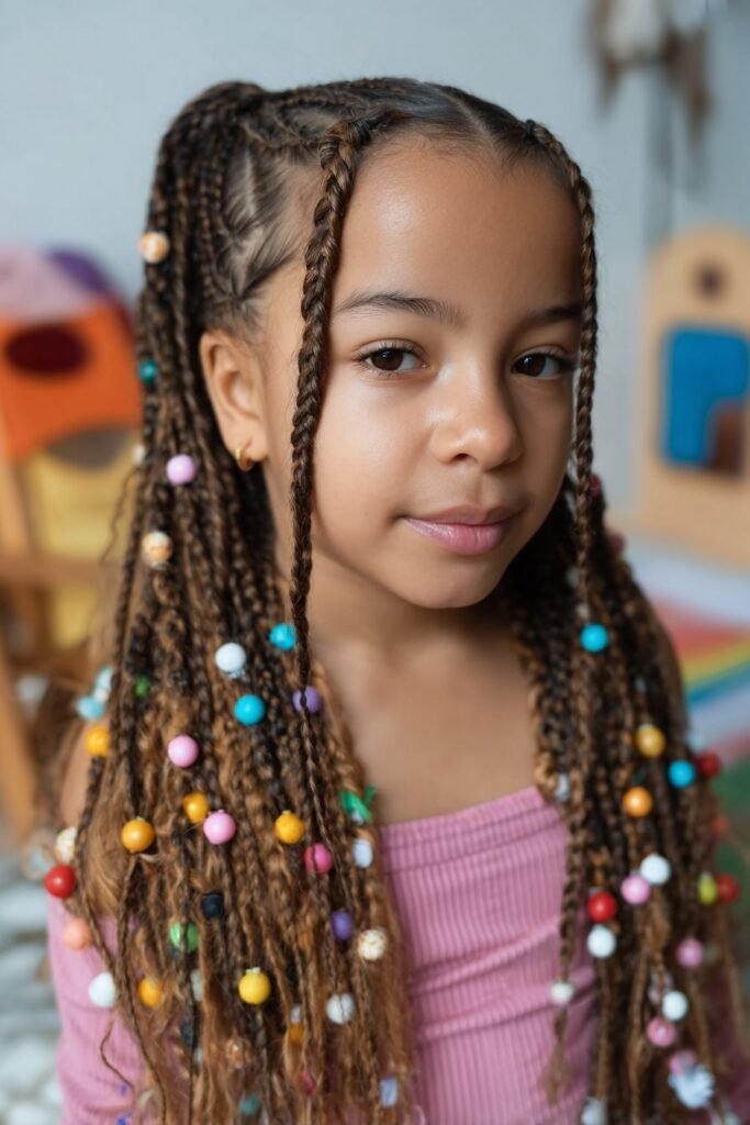 Toddler girl wearing box braids gathered into a ponytail with colorful beads in a pastel playroom.
