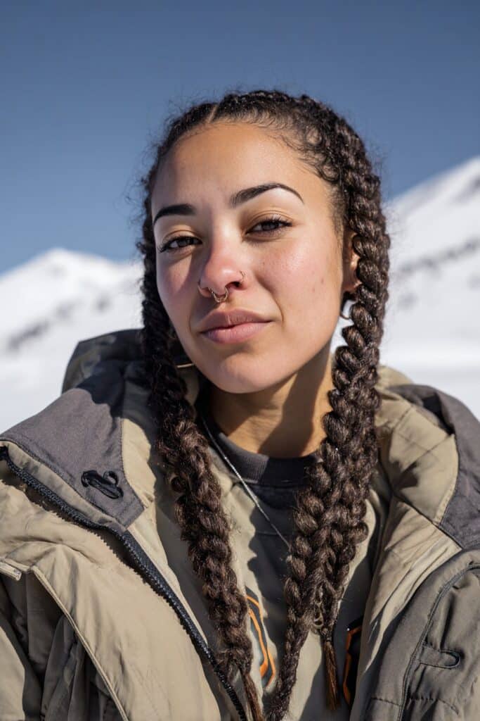 Front-facing snowboarding hairstyle featuring tight boxer braids on a woman in her 20s, styled for winter sports with a secure athletic finish and snowy mountain background.