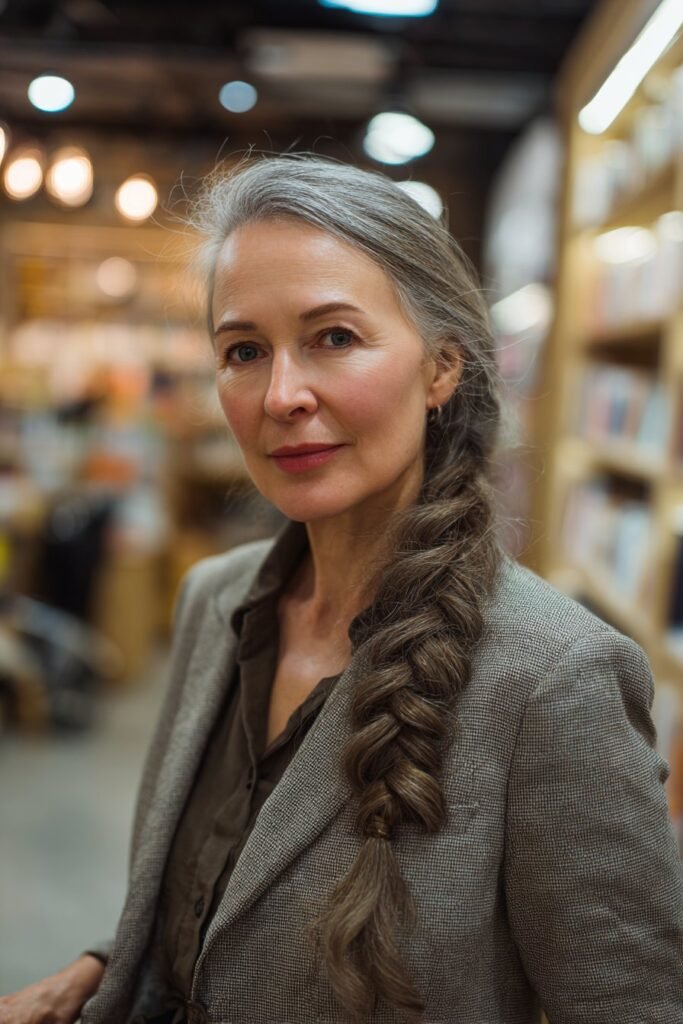 Elegant woman in her 40s with a braided base ponytail in cool dark brown, posed in an upscale bookstore – ponytail hairstyles for women over 40 series.