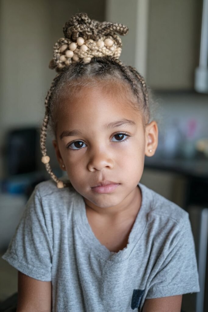 Toddler girl wearing braids styled into a bun ponytail with beads in a cozy indoor space.