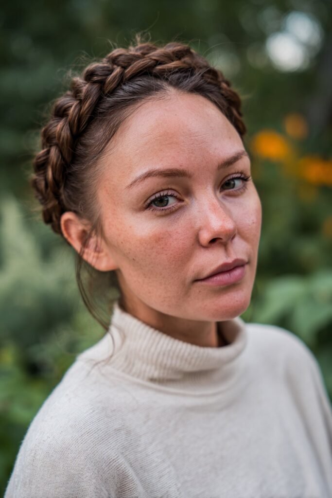 Woman in her 20s wearing a neutral turtleneck with a braided crown hairstyle photographed in a lush garden setting.