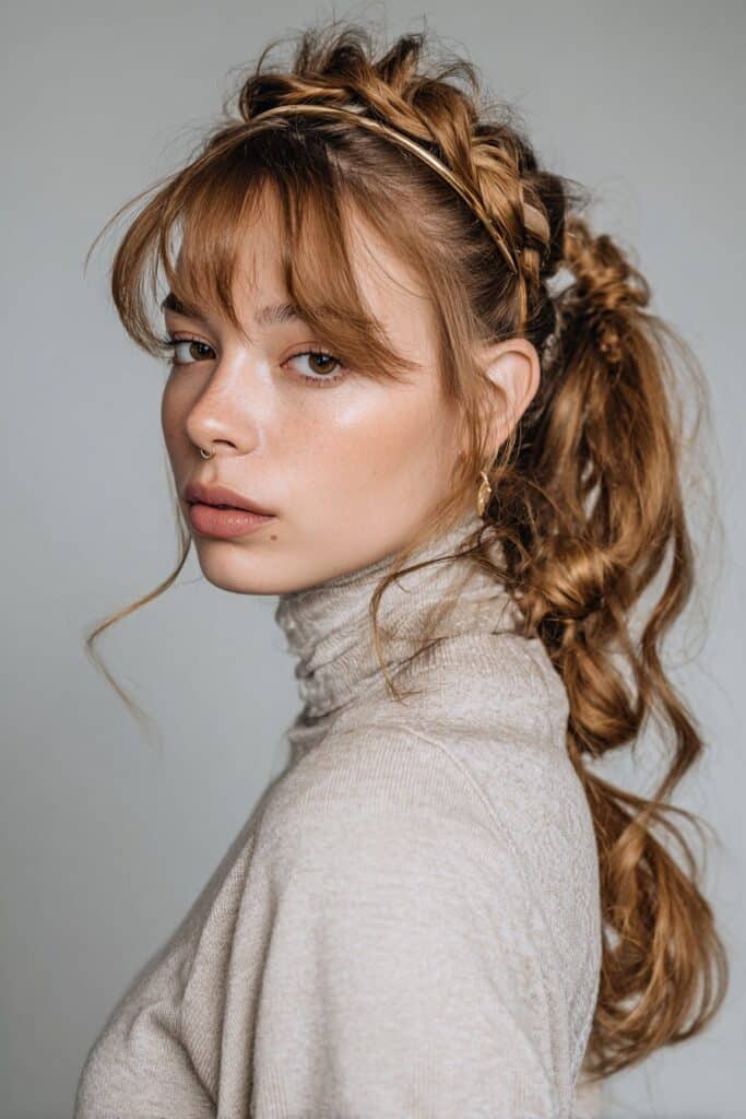 A close-up photo of a young elegant American woman with a delicate braided crown transitioning into a sleek ponytail, finished with a thin headband – ponytail hairstyles with headband series.