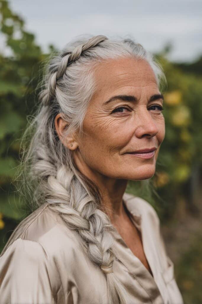 Beautiful woman in her 40s with a braided crown ponytail in natural gray, posed in an elegant vineyard – ponytail hairstyles for women over 40 series.