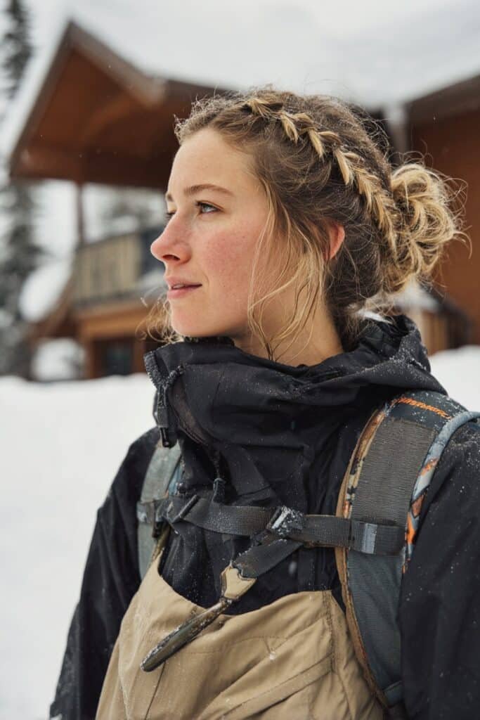 Front-view image of a woman in her early 20s showcasing a braided low bun for snowboarding, combining secure styling with a cozy snow-covered cabin setting.