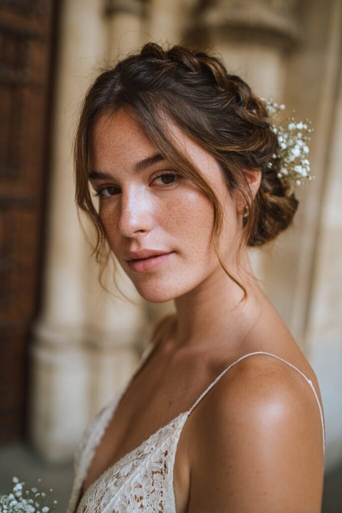 Bride in her 20s styled in a braided low bun wedding hairstyle decorated with baby’s breath flowers inside a vintage chapel.