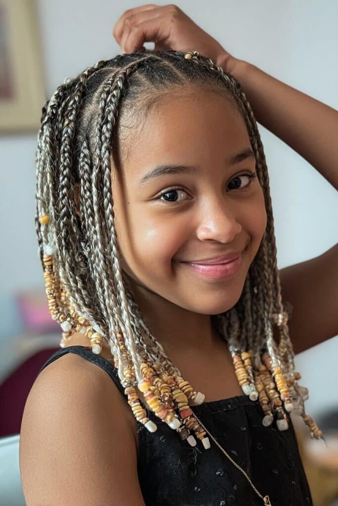 Little girl wearing braids with beads attached and child-safe hair accessories in a pastel studio.