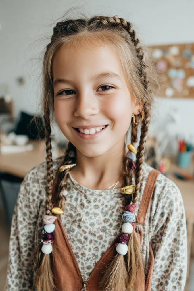 Braids with ribbons and beads on a little girl, bright studio-style background with soft light, playful and neat hairstyle detail