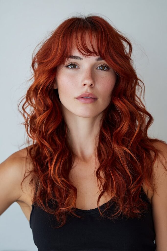 Front-facing chest-up portrait of a woman in her 20s with bright cherry red hair, emphasizing vivid color intensity in a clean studio background.