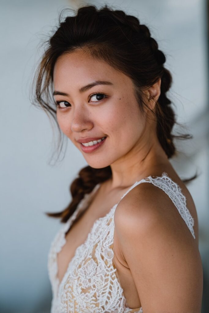 A bubble braid hairstyle created on thin fine hair, designed to add shape, structure, and playful bridal elegance.