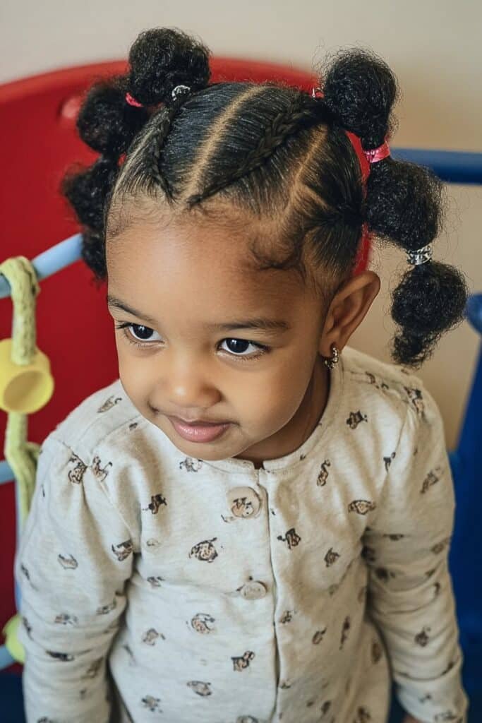 Toddler girl wearing bubble braids forming a beaded ponytail in an indoor play area.