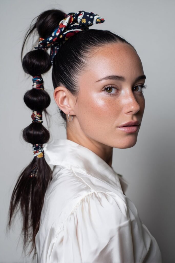 A close-up photo of a young elegant American woman with a fun bubble ponytail and patterned headband – ponytail hairstyles with headband series.