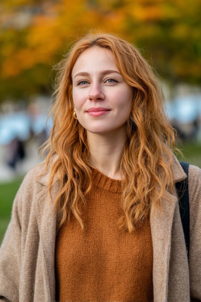 Young woman featuring butterscotch blonde hair with rich caramel warmth, photographed outdoors in an autumn park.