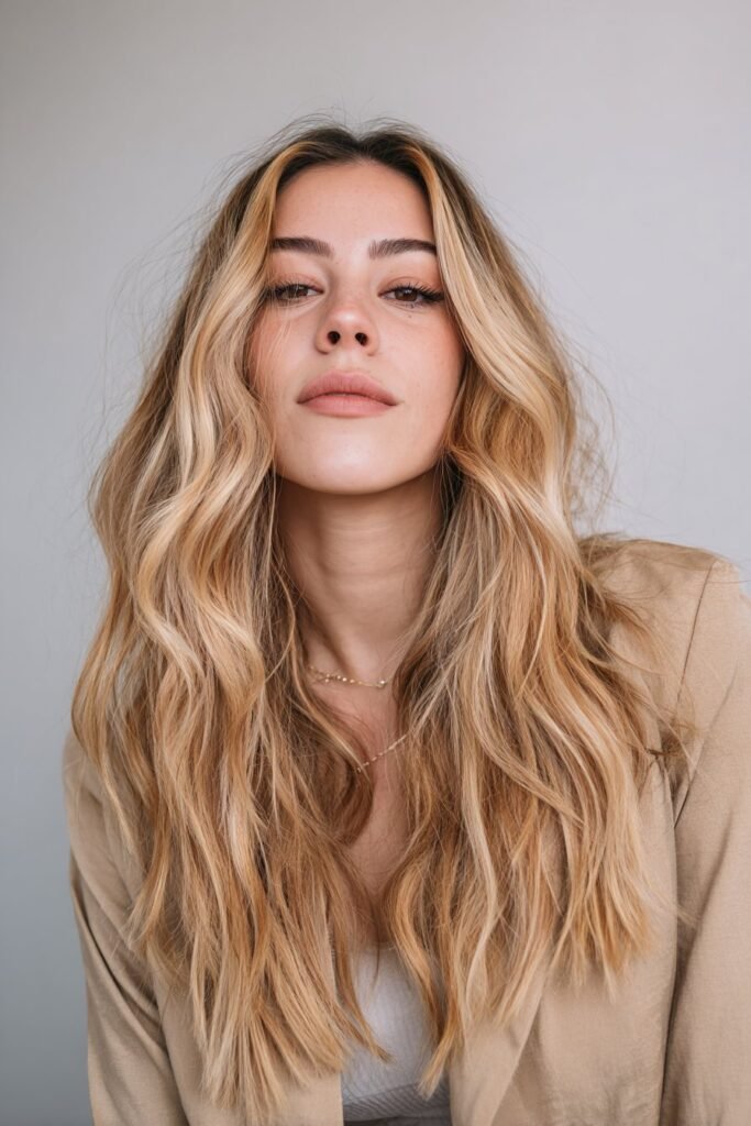 Young woman showcasing buttery blonde balayage with seamless hand-painted highlights in a professional salon interior.