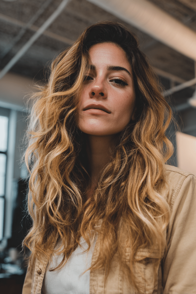 Woman in her 20s with buttery blonde hair and dark roots, natural contrast styled effortlessly in a modern loft interior.