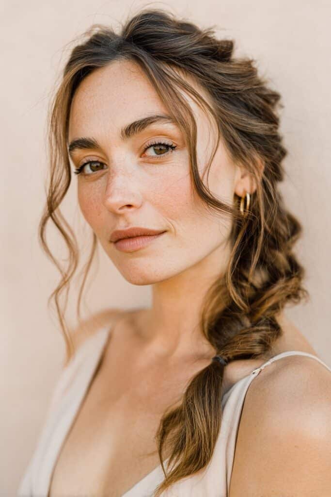 Thin fine hair arranged in a cascading side braid with flowing strands adding soft volume and graceful movement.