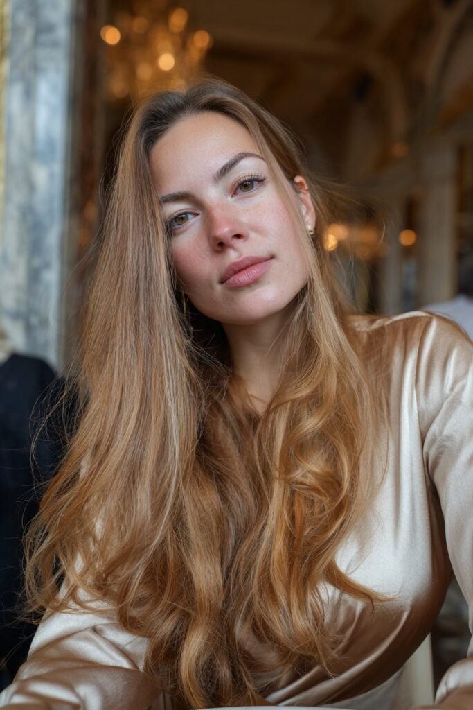 Young woman showcasing champagne butter blonde hair, soft beige-golden tones photographed in a luxury hotel lobby.