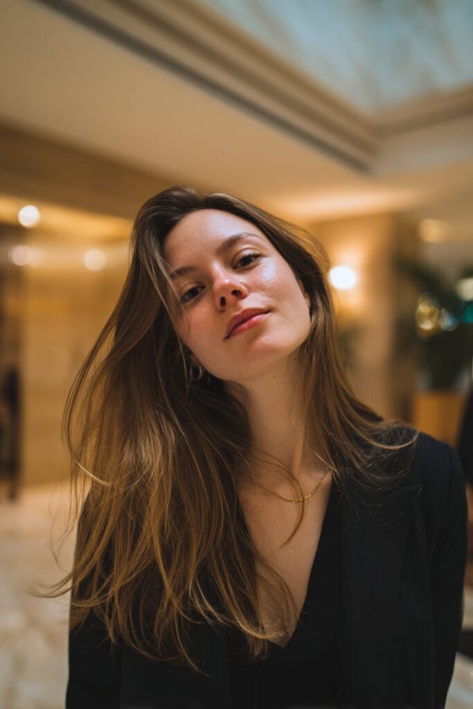Woman in her 20s tilting her head slightly back to catch light on champagne cream blonde hair in a luxury hotel lobby.