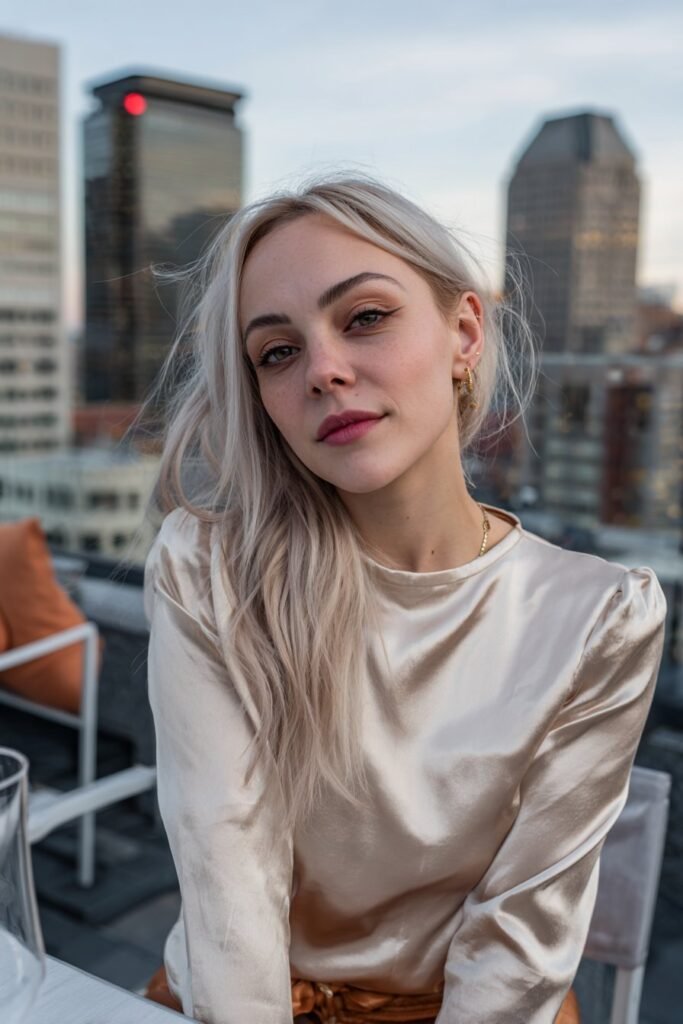 Young woman wearing a champagne ice blonde lob, cool beige-icy tones styled sleekly against a rooftop lounge city skyline.