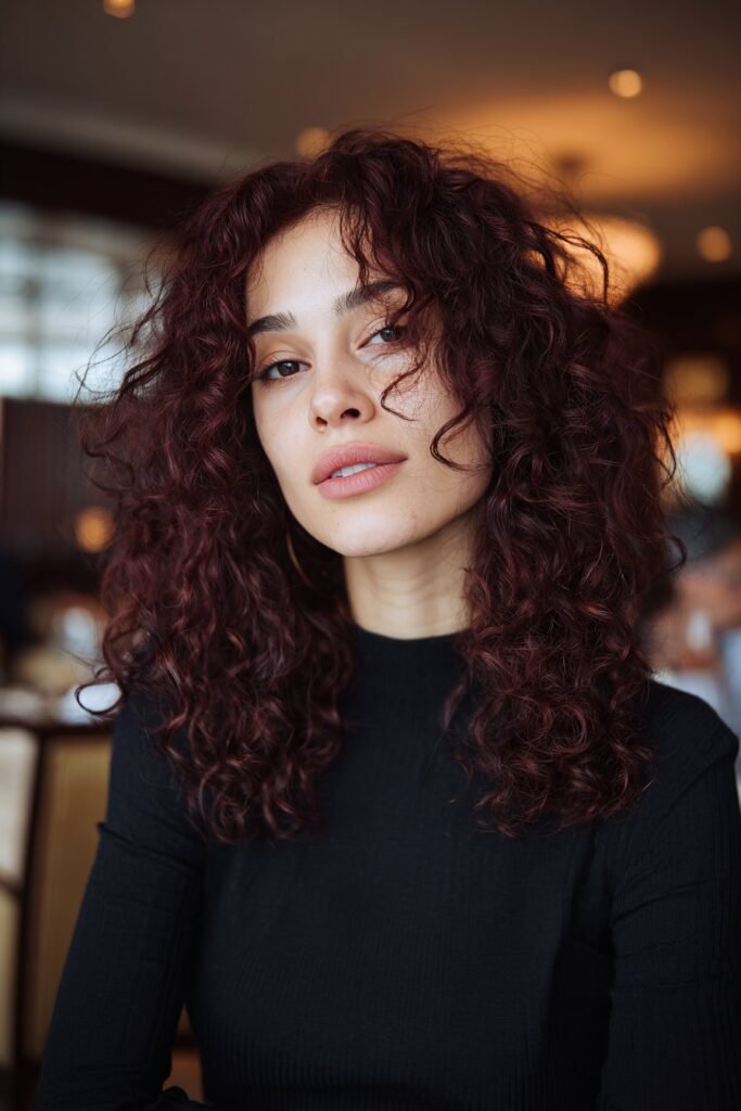 Young woman wearing cherry cordial hair color, deep cherry-red hues with shine, photographed in an elegant winter restaurant.