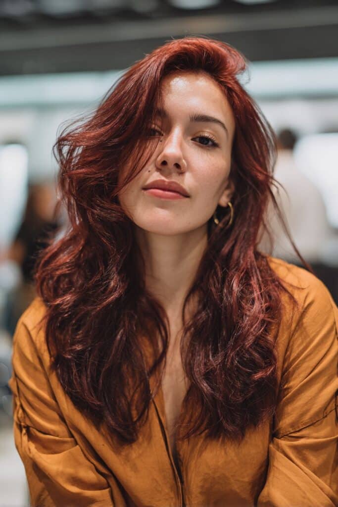 Front-facing portrait of a woman in her 20s with cherry red highlights woven through darker hair, captured in a stylish salon environment.