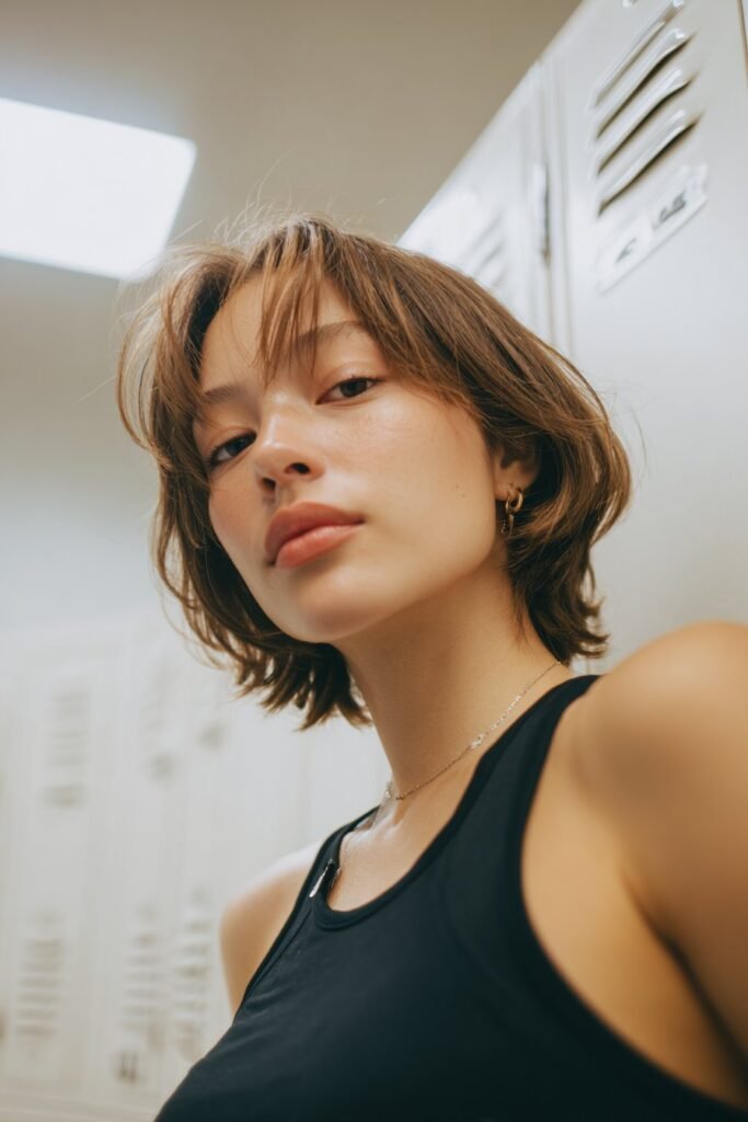 A chin-length bob with curtain bangs on thin fine hair, photographed inside a bright white locker room.