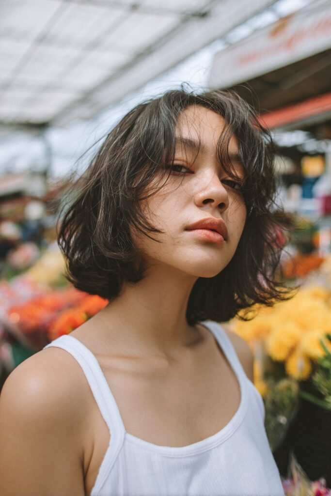 Young woman in her 20s with fine thin hair in a choppy bob with subtle highlights, white summer outfit, colorful outdoor flower market.