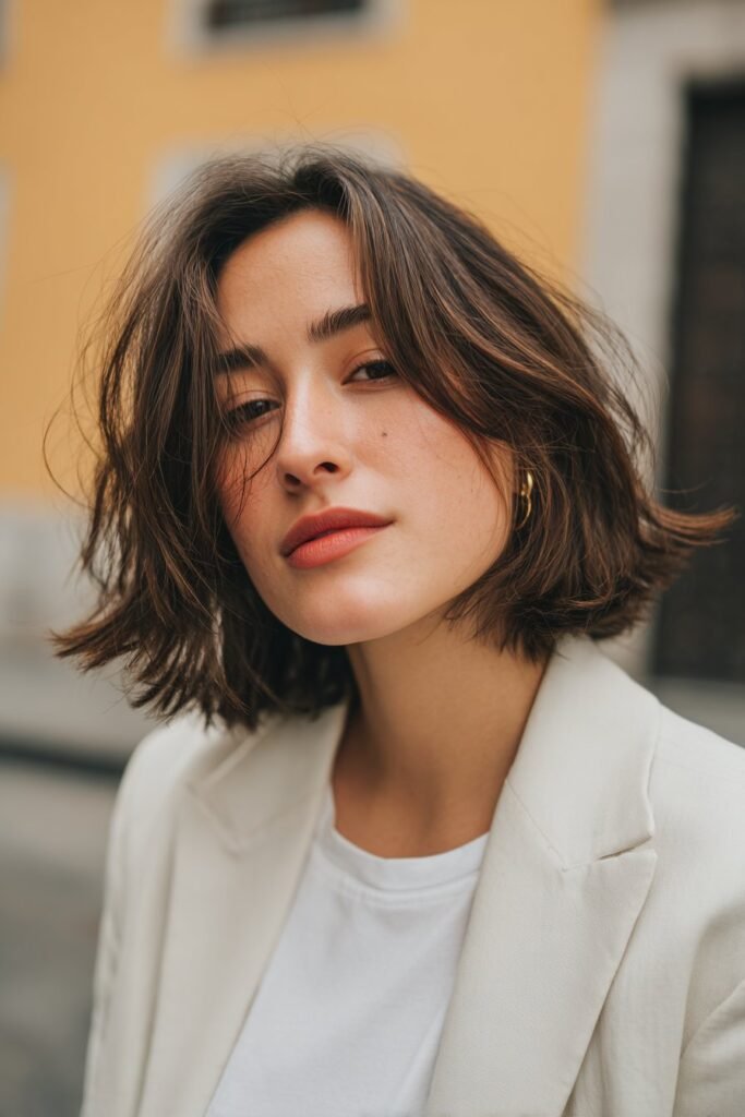 Young woman in her 20s with fine thin hair in a choppy bob with a clean side part, soft texture, pastel outfit, quiet neighborhood street.
