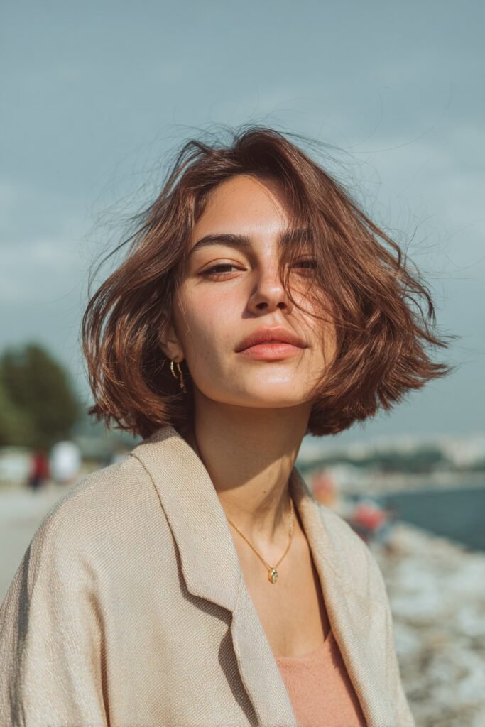 Young woman in her 20s with fine thin hair in a choppy bob with soft waves, pastel outfit, relaxed lakeside walking path.