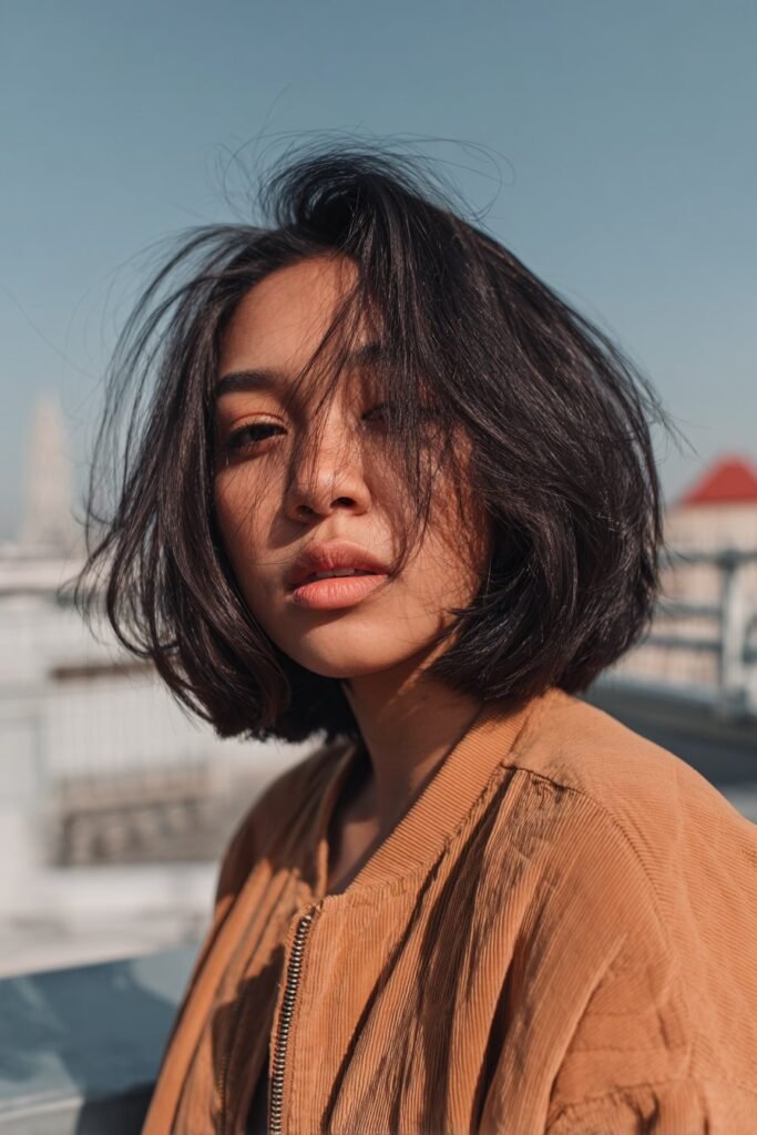 Young woman in her 20s with fine thin hair in a choppy bob with a subtle undercut, textured layers, trendy streetwear, urban rooftop view.